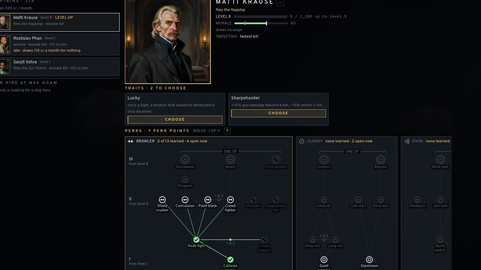 A captain's page: portrait, traits and perk trees