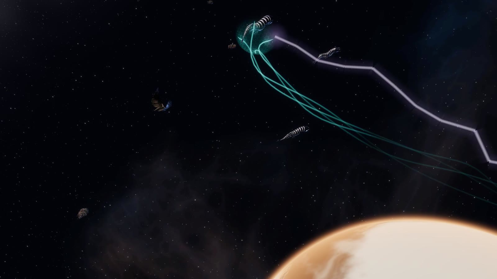 Frontier creatures fighting a fleet over a planet