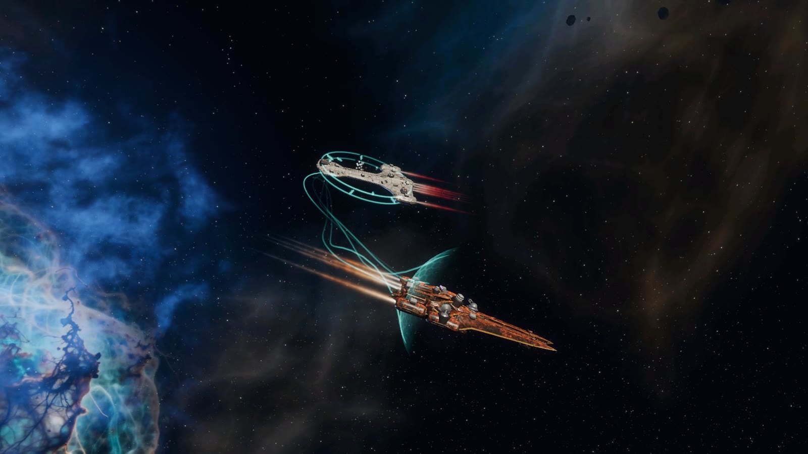 Two cruisers fighting with drag fields, beams and torpedoes