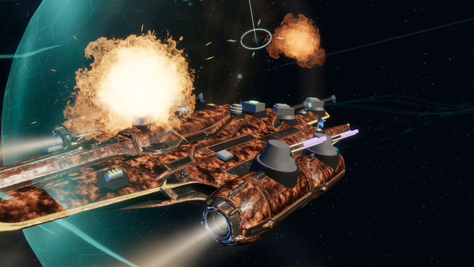 A battleship close up: its cannons and ion emitters mounted on the hull and trained on the target